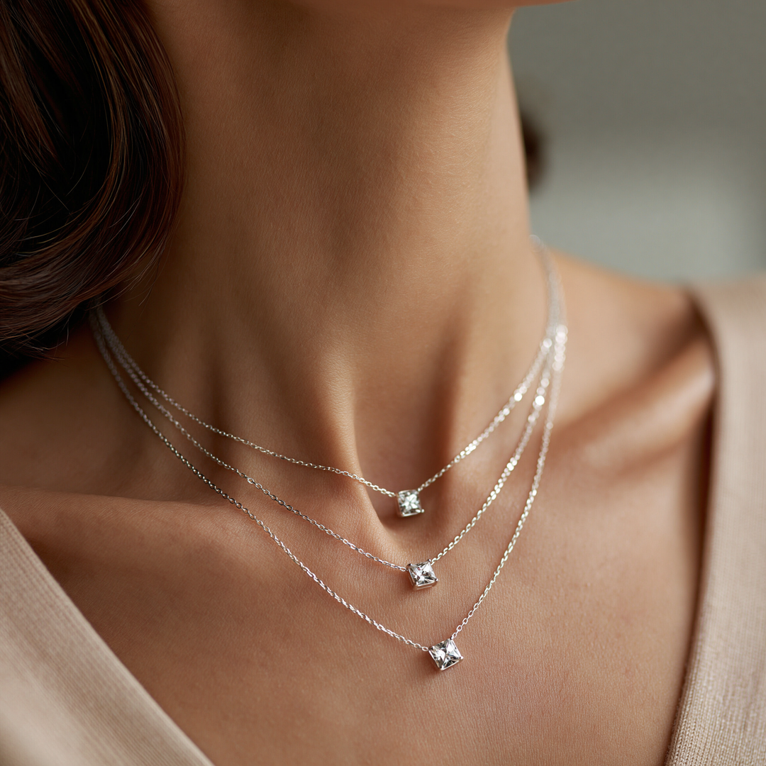 Sterling Silver and Tri-Tone Three Layer Necklace with Crystals