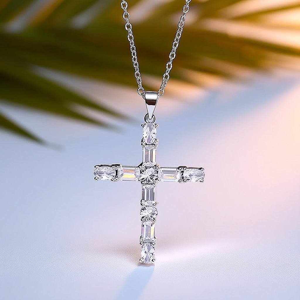 18K White Gold Cross Pendant Necklace with Crystals