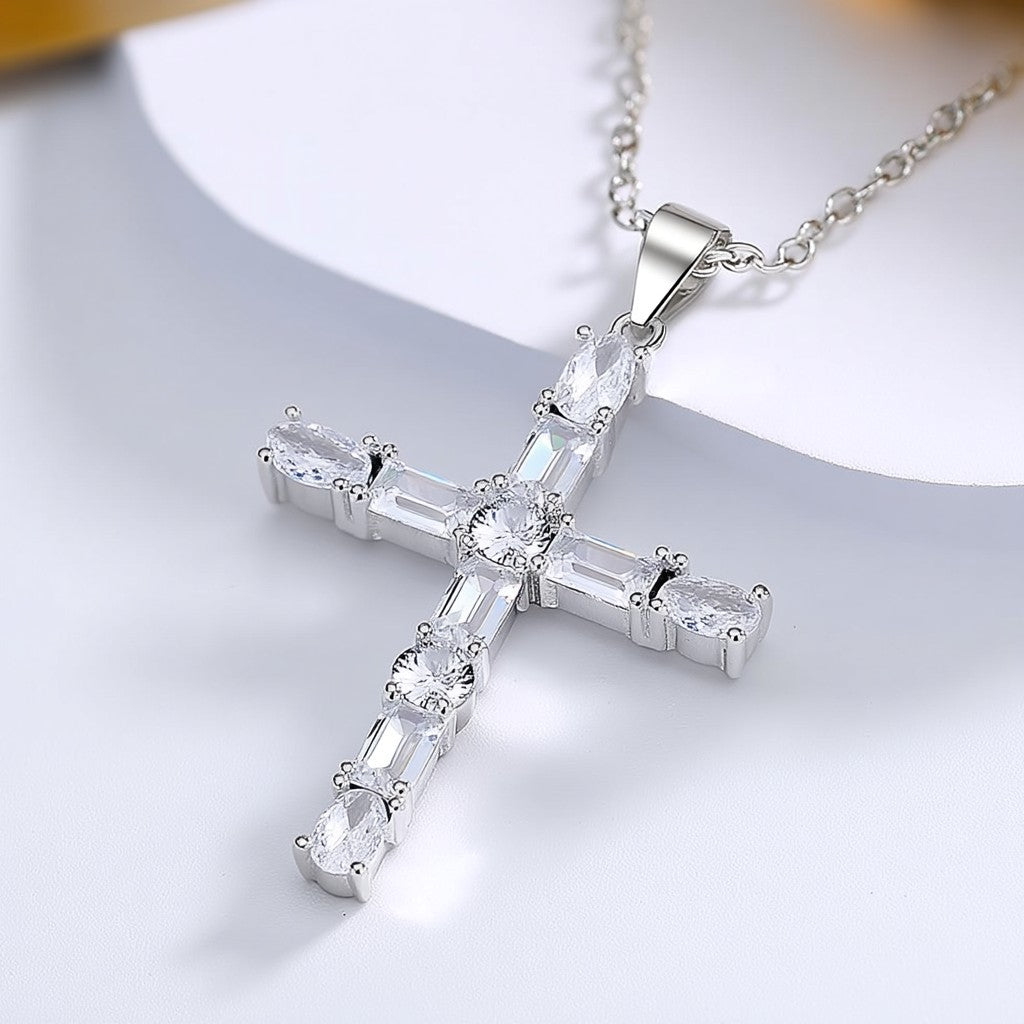 18K White Gold Cross Pendant Necklace with Crystals