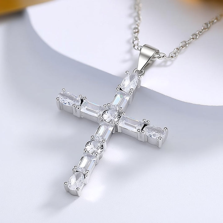 18K White Gold Cross Pendant Necklace with Crystals