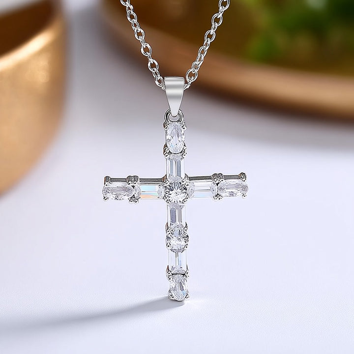 18K White Gold Cross Pendant Necklace with Crystals