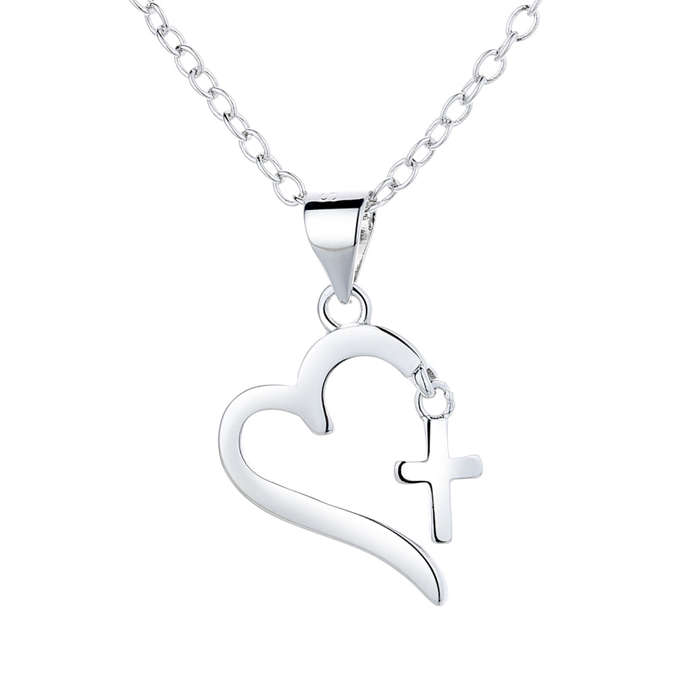 18K White Gold Faith Hope Love Cross and Heart Pendant Necklace