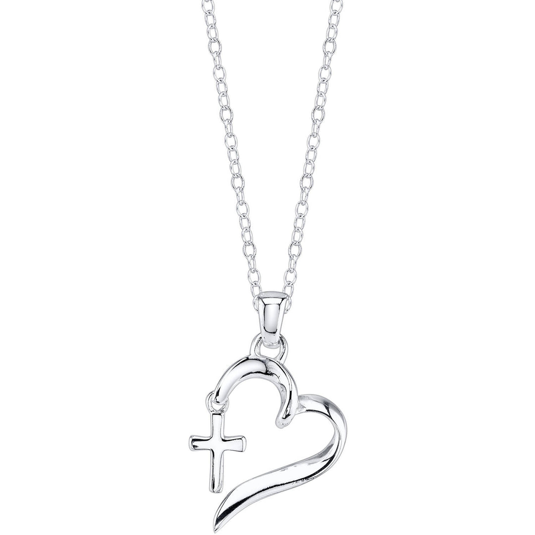18K White Gold Faith Hope Love Cross and Heart Pendant Necklace