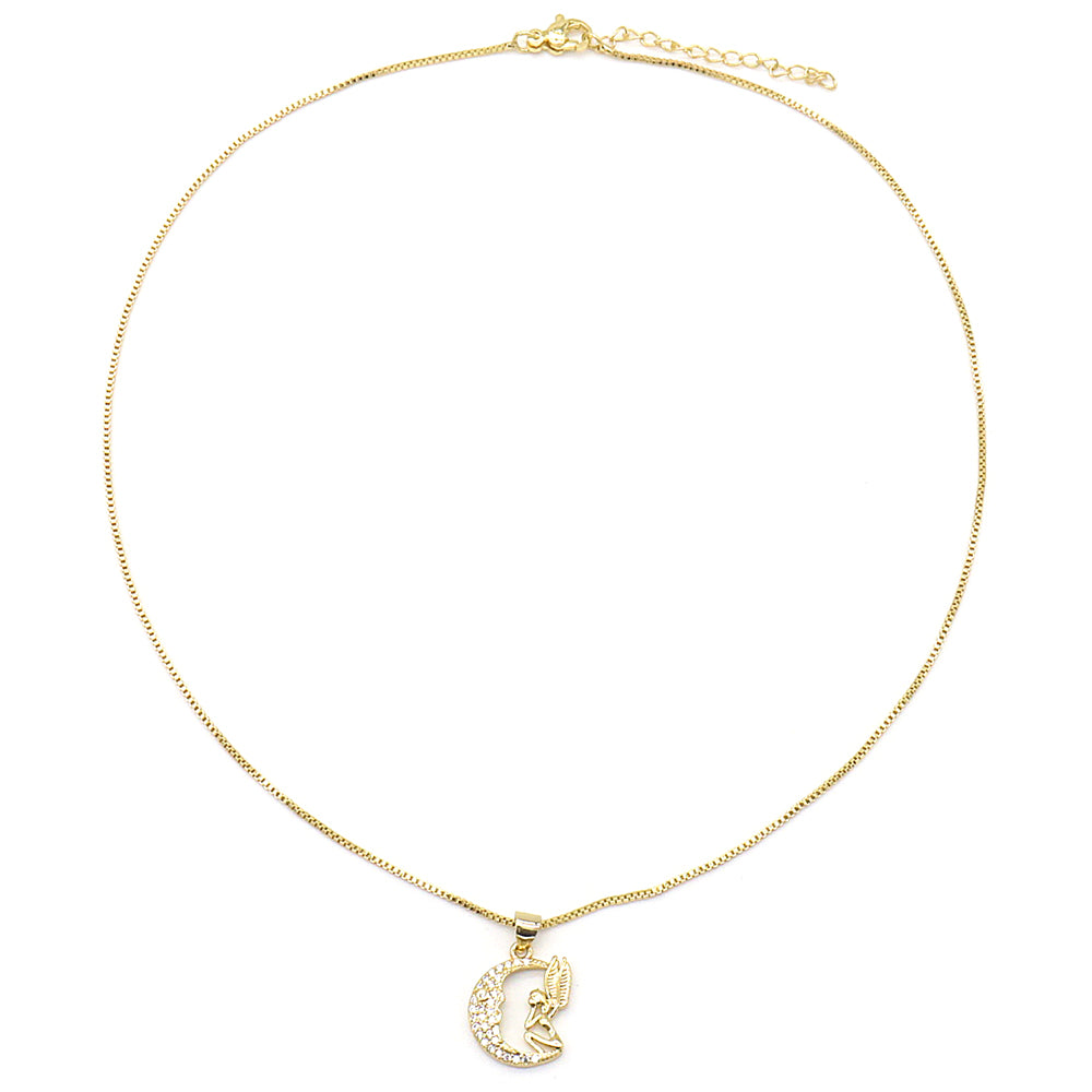 14K Gold Angel and Moon Pendant Necklace with Genuine Crystals