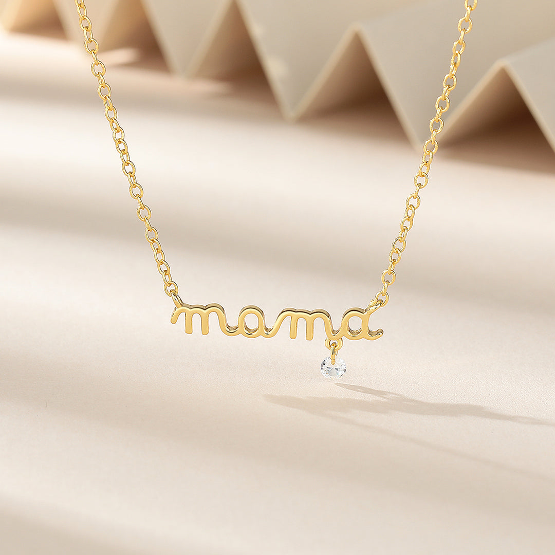 Amy and Annette Mama Necklace - (Mom , Mother - Great Gift) in 14K Gold Plated with hanging Simulated Diamond