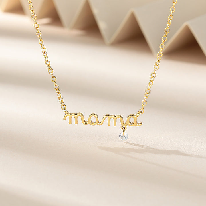 Amy and Annette Mama Necklace - (Mom , Mother - Great Gift) in 14K Gold Plated with hanging Simulated Diamond
