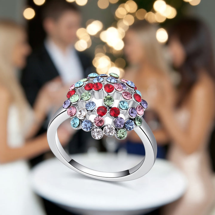 14K White Gold Plated Multi-Colored Floral Crystal Ring