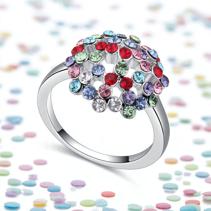 14K White Gold Plated Multi-Colored Floral Crystal Ring