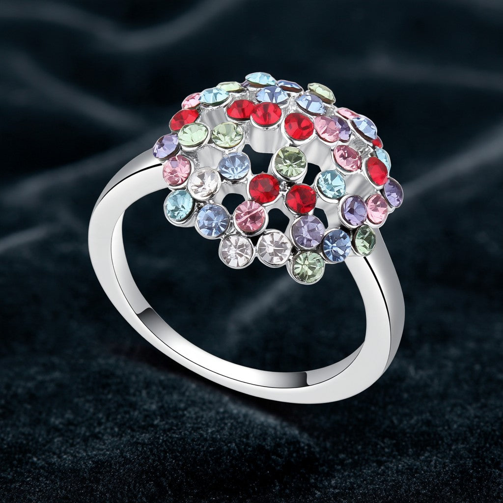 14K White Gold Plated Multi-Colored Floral Crystal Ring