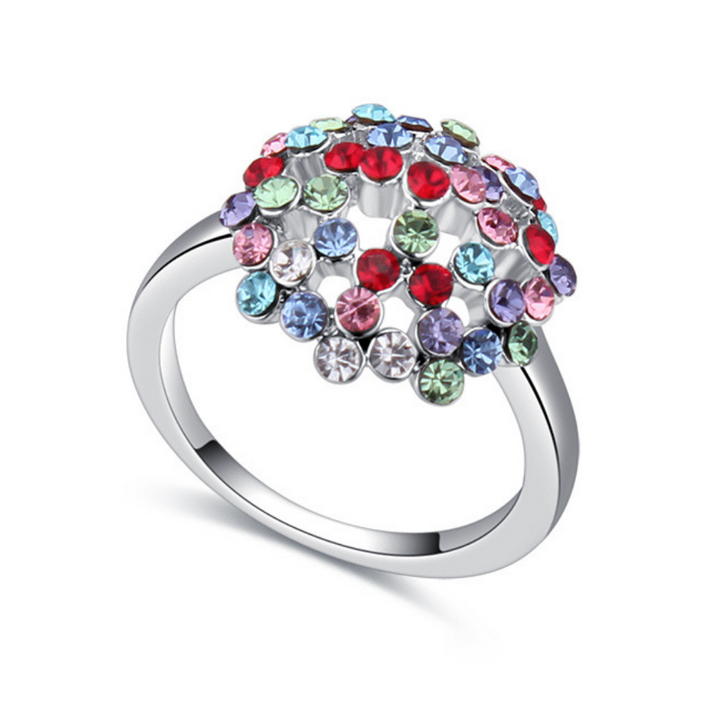14K White Gold Plated Multi-Colored Floral Crystal Ring