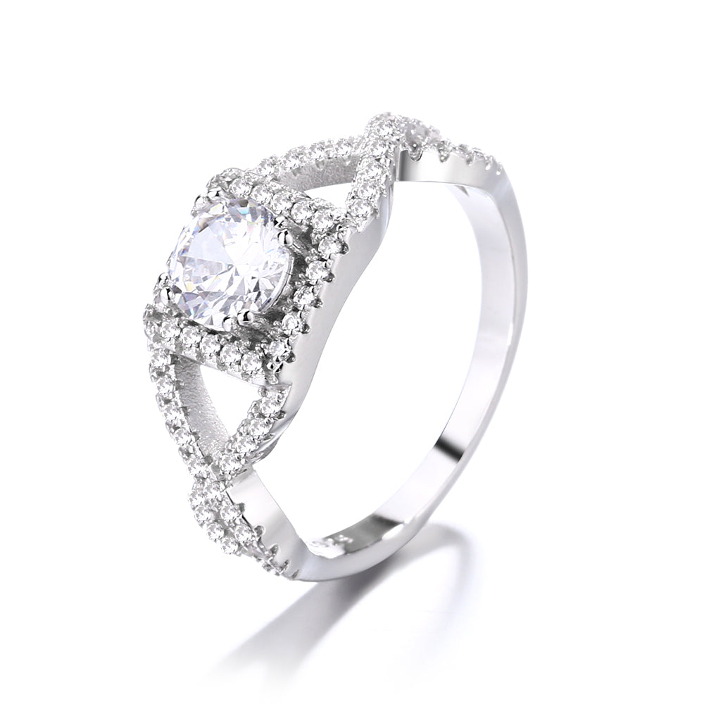 Sterling Silver Split Shank Halo Swarovski Crystal Engagement Ring