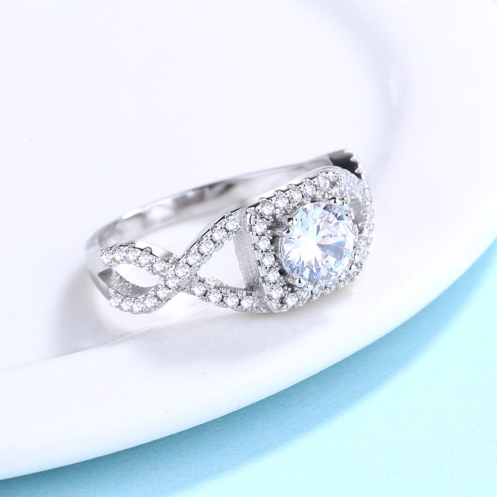 Sterling Silver Split Shank Halo Swarovski Crystal Engagement Ring