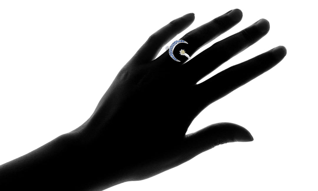 Sterling Silver Crescent Moon Bypass Ring with Swarovski Crystals