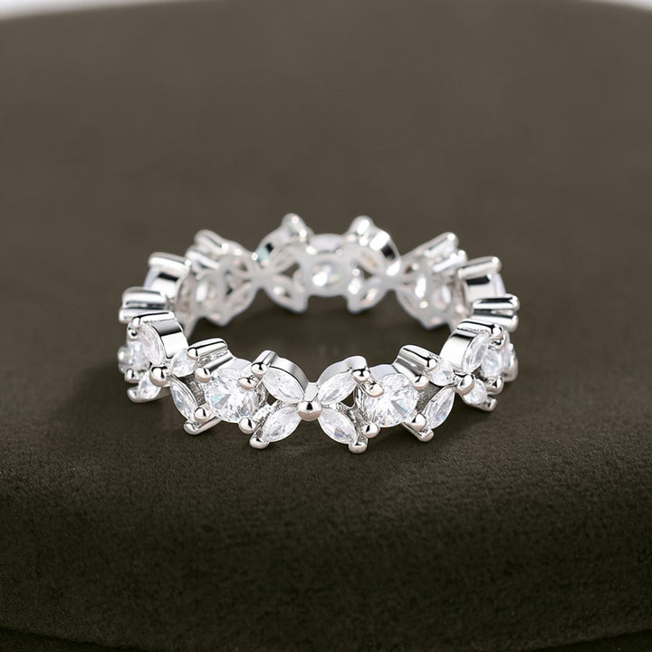 14K White Gold Flower Eternity Ring with Crystals
