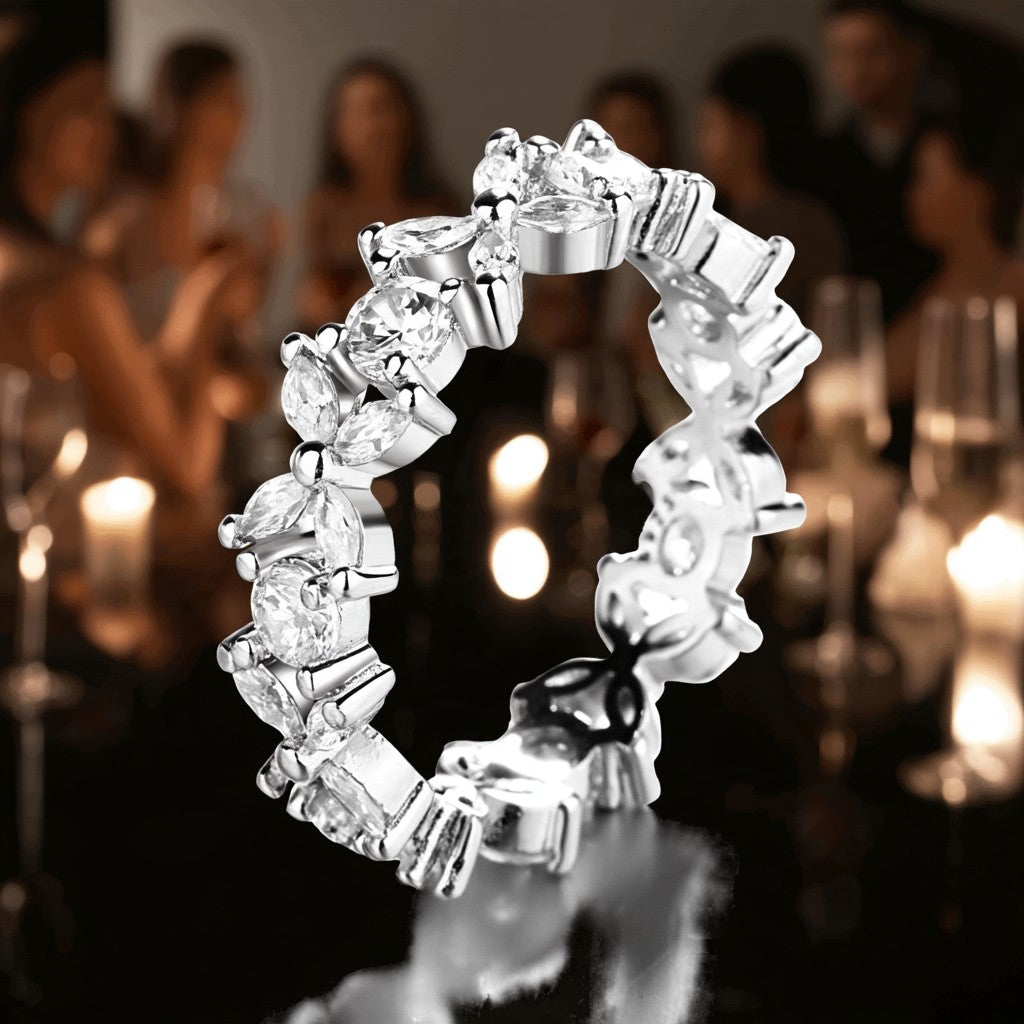 14K White Gold Flower Eternity Ring with Crystals