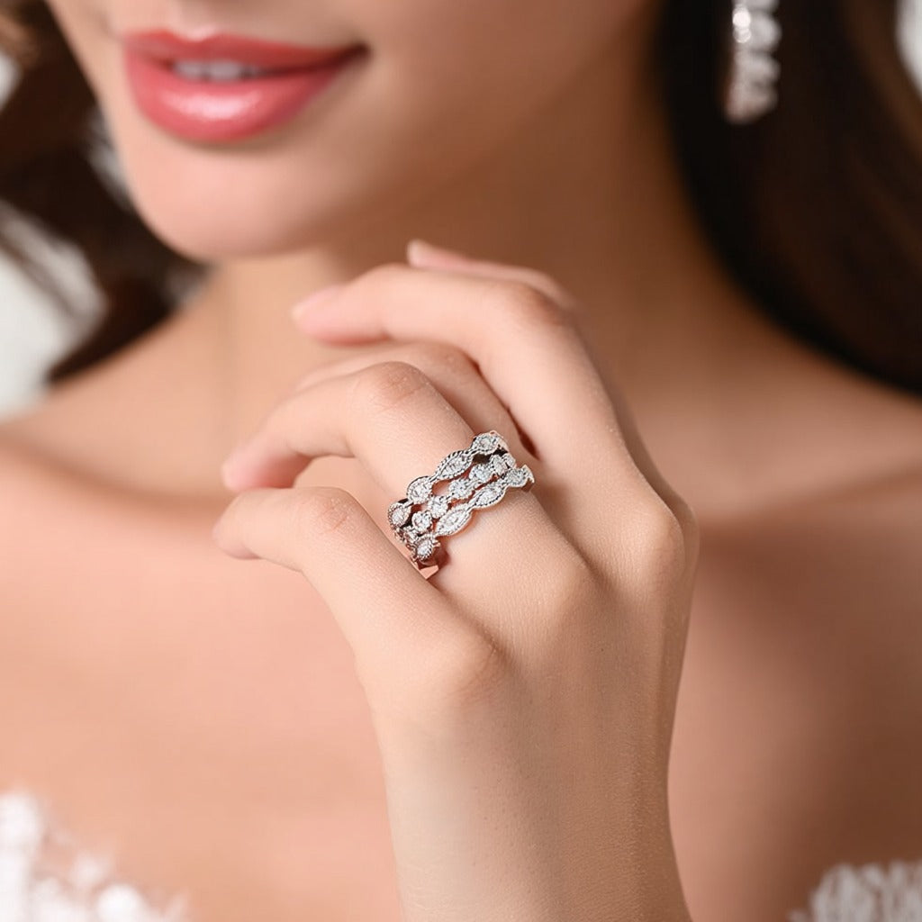 18K White Gold Milgrain Eternity Band Set with Crystals