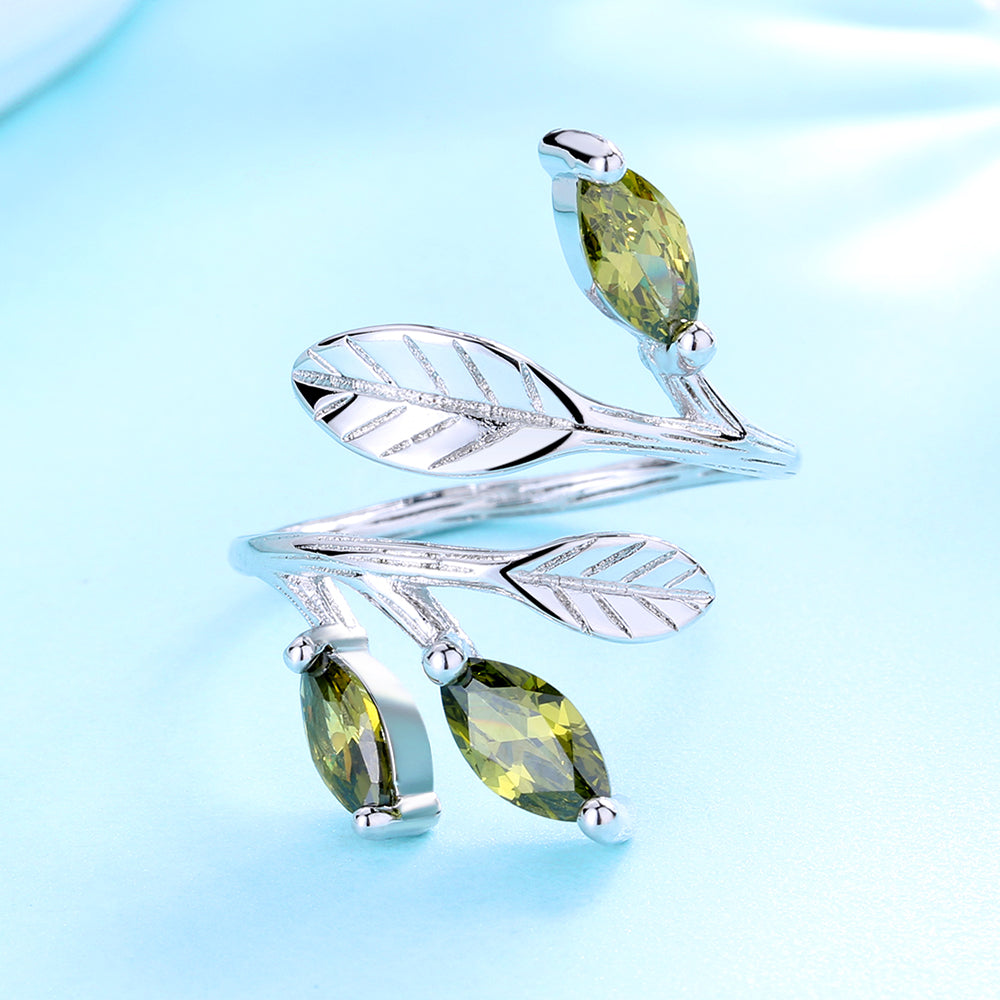 Sterling Silver Leaf Ring with Peridot Crystal