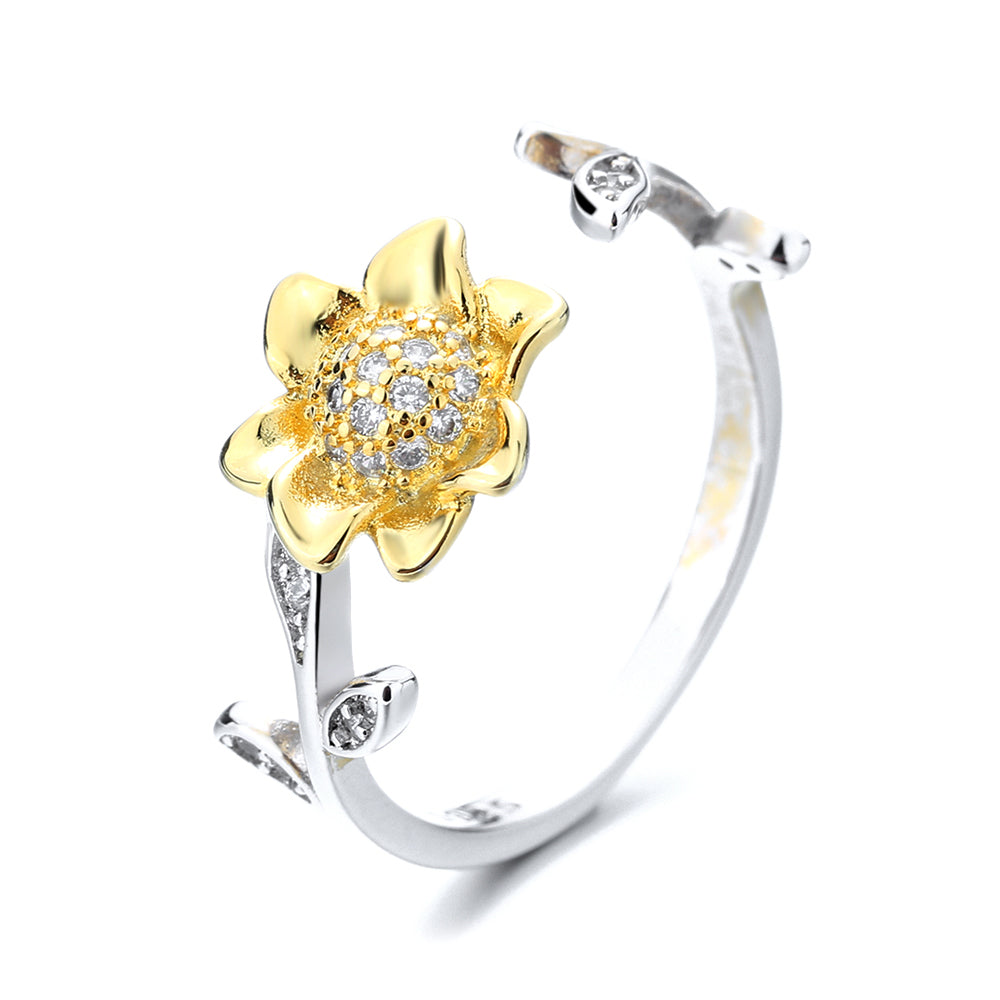 Sterling Silver & 14K Gold Floral Bypass Ring With Swarovski Crystals