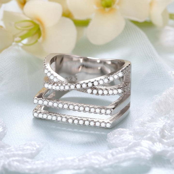 Silver-Tone Four-Row Geometric Ring with Simulated Diamonds