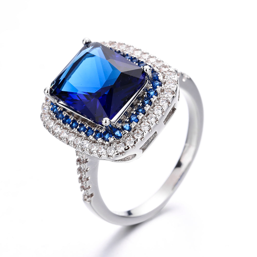 Sterling Silver Pave Crystal and Sapphire Ring