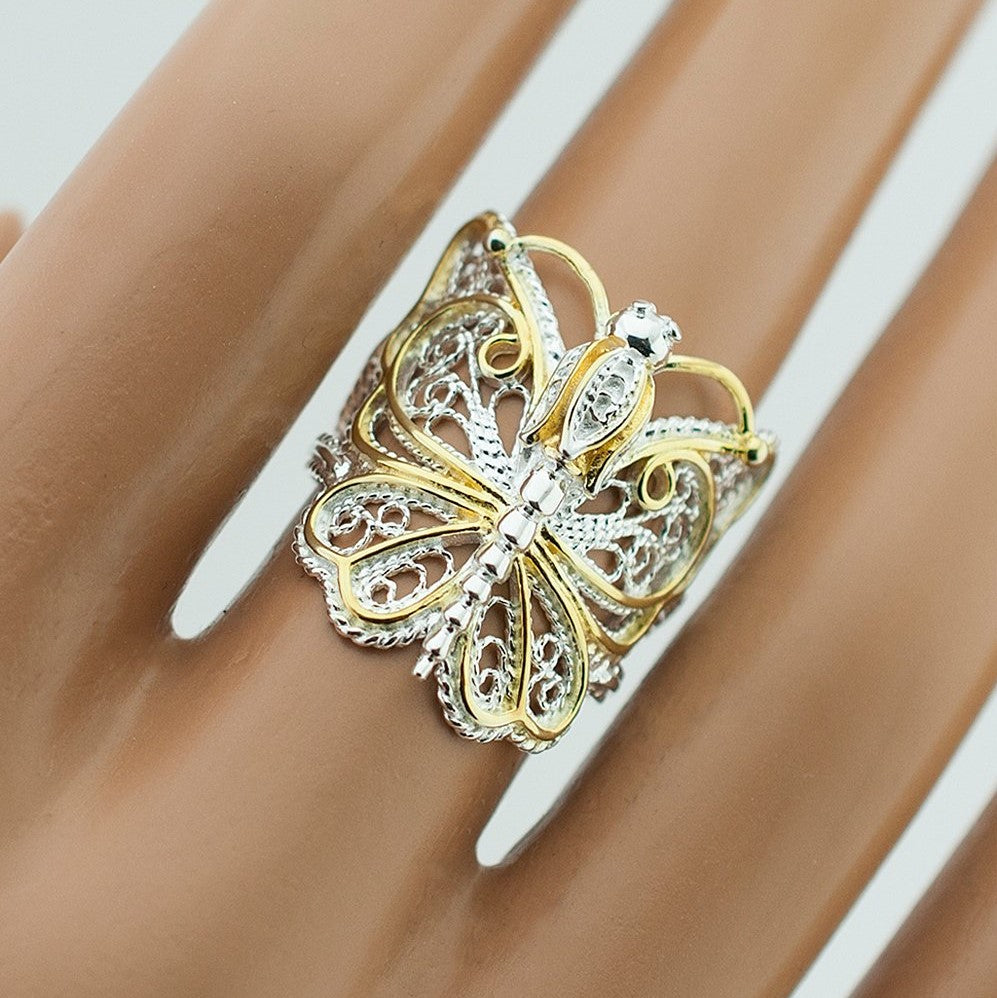 Amy and Annette 14K Gold Artisan Two-Tone Filigree Dragonfly Ring