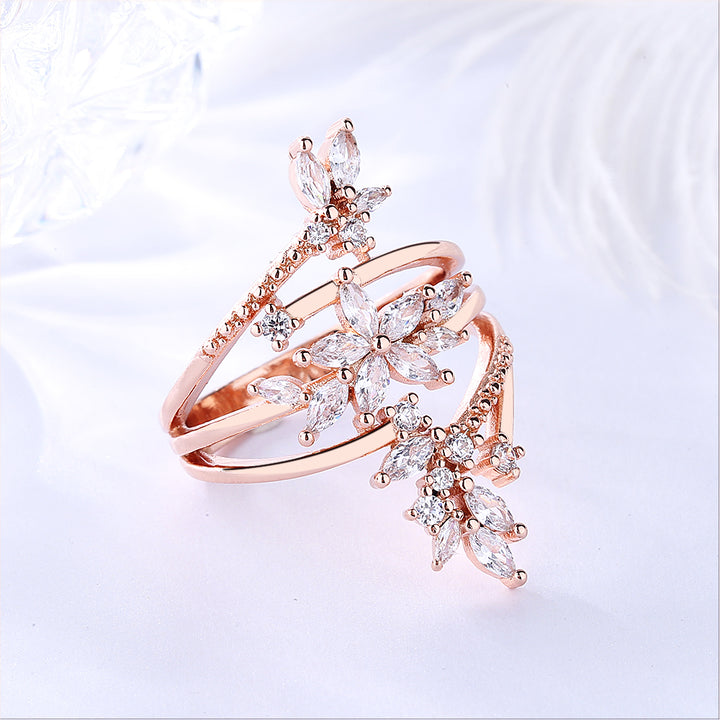 14K Rose Gold Multi-Row Cocktail Ring with Genuine Crystals