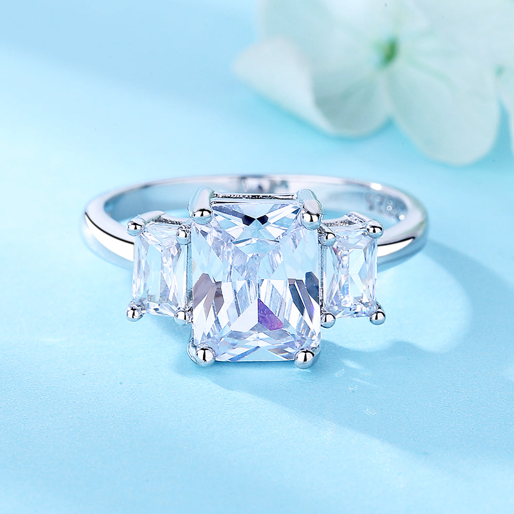 Sterling Silver Emerald Cut Engagement Ring with Swarovski