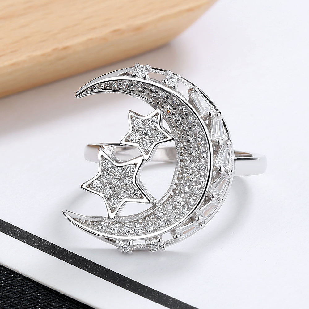 14K White Gold Moon and Stars Ring with crystals