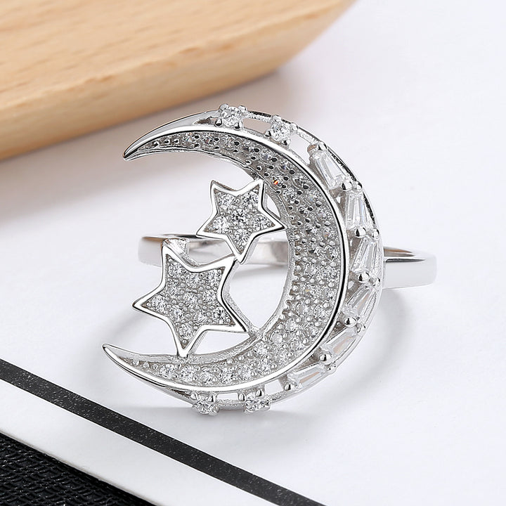 14K White Gold Moon and Stars Ring with crystals