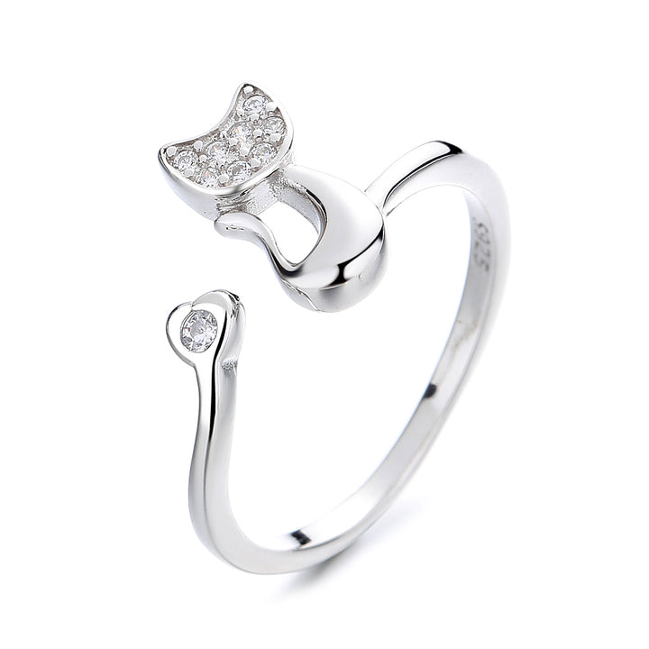 Sterling Silver whimsical Cat ring with crystals