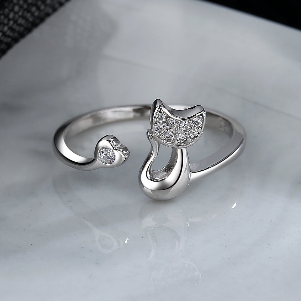 Sterling Silver whimsical Cat ring with crystals