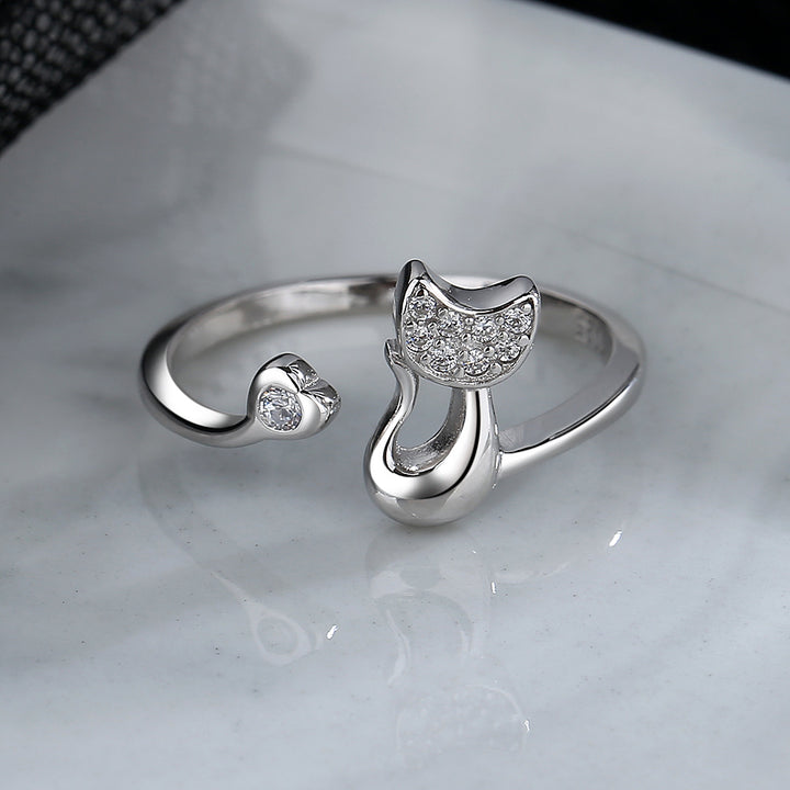Sterling Silver whimsical Cat ring with crystals