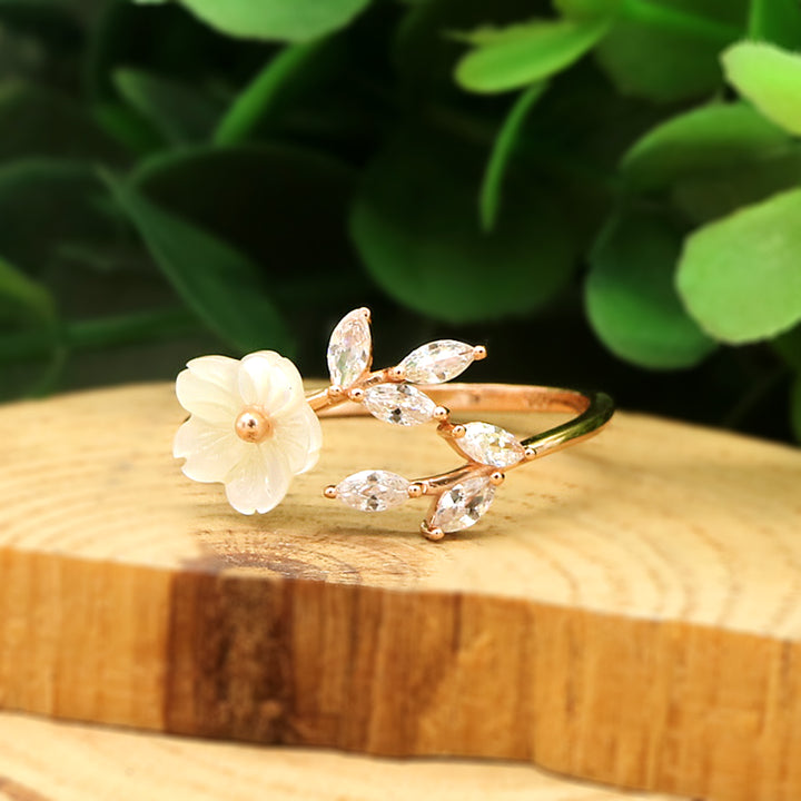 14K Rose Gold Floral Bypass Ring With Swarovski Crystals