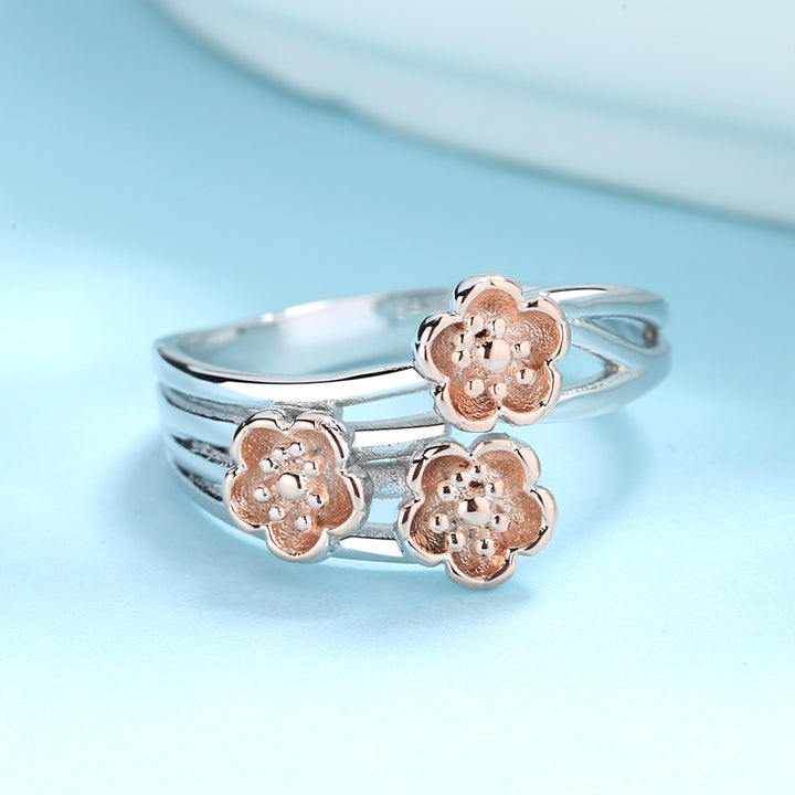 14K Rose Gold and Sterling Silver Multi-Row Floral Ring