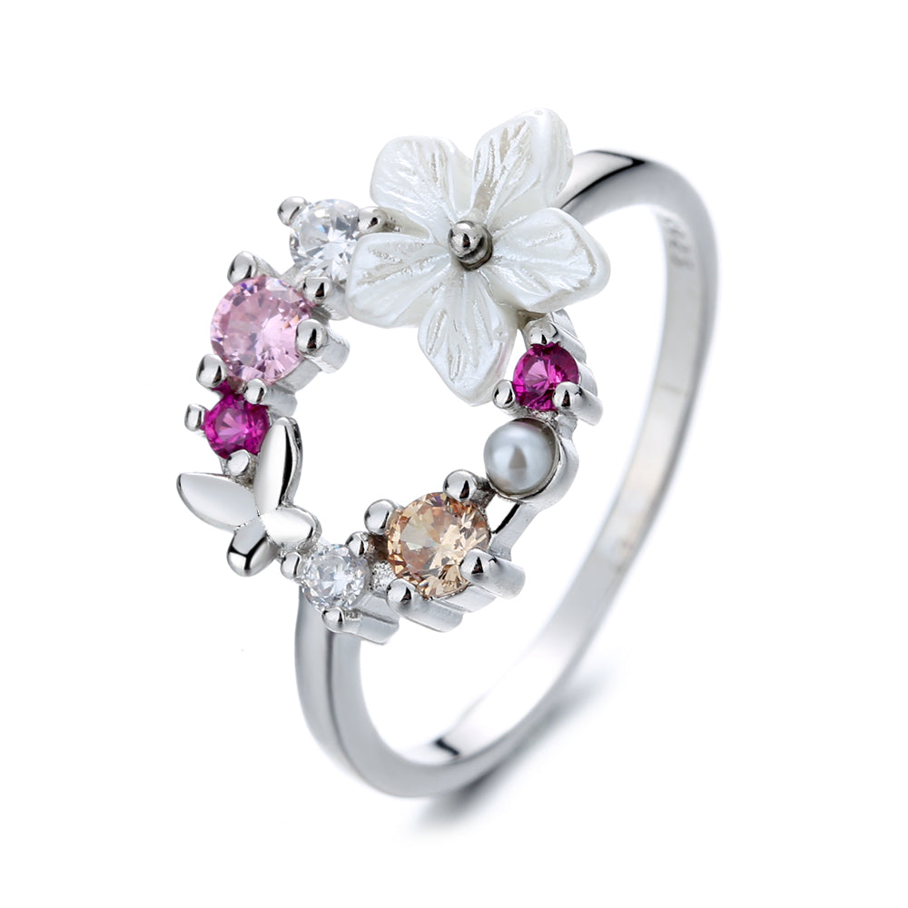 Sterling Silver Open Floral Ring with Crystals from Swarovski