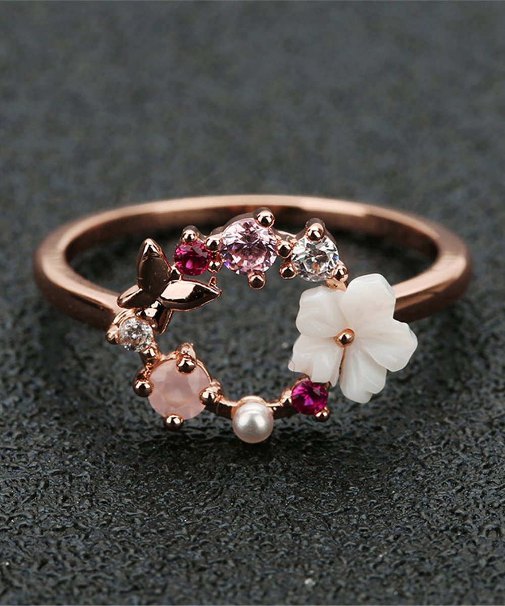 14 Rose Gold and Sterling Silver Open Floral Ring with Crystals