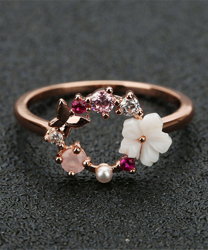 14 Rose Gold and Sterling Silver Open Floral Ring with Crystals