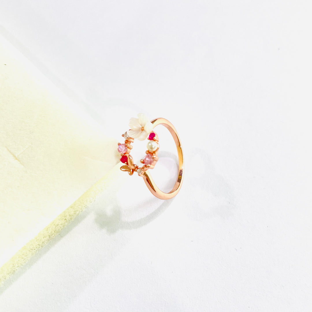 14 Rose Gold and Sterling Silver Open Floral Ring with Crystals