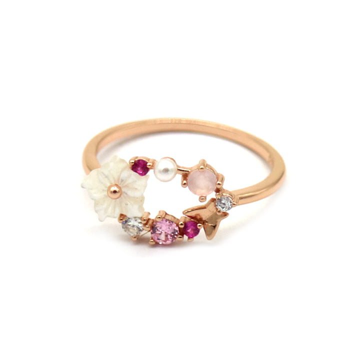 14 Rose Gold and Sterling Silver Open Floral Ring with Crystals