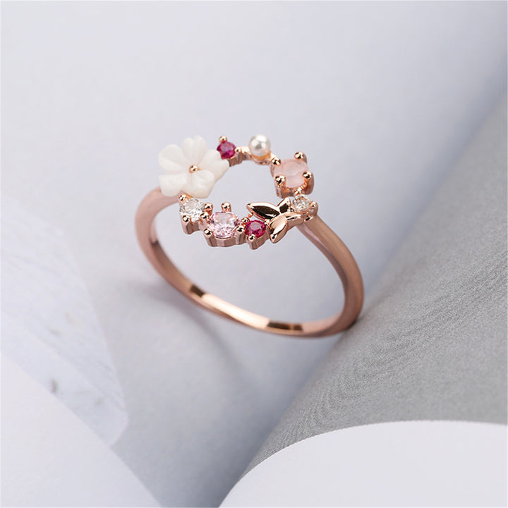 14 Rose Gold and Sterling Silver Open Floral Ring with Crystals
