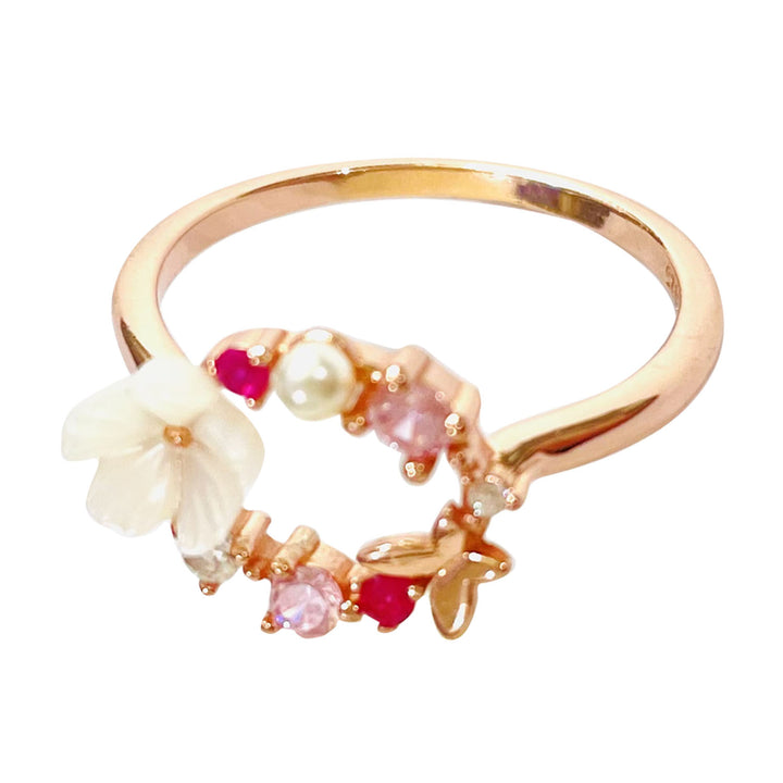 14 Rose Gold and Sterling Silver Open Floral Ring with Crystals