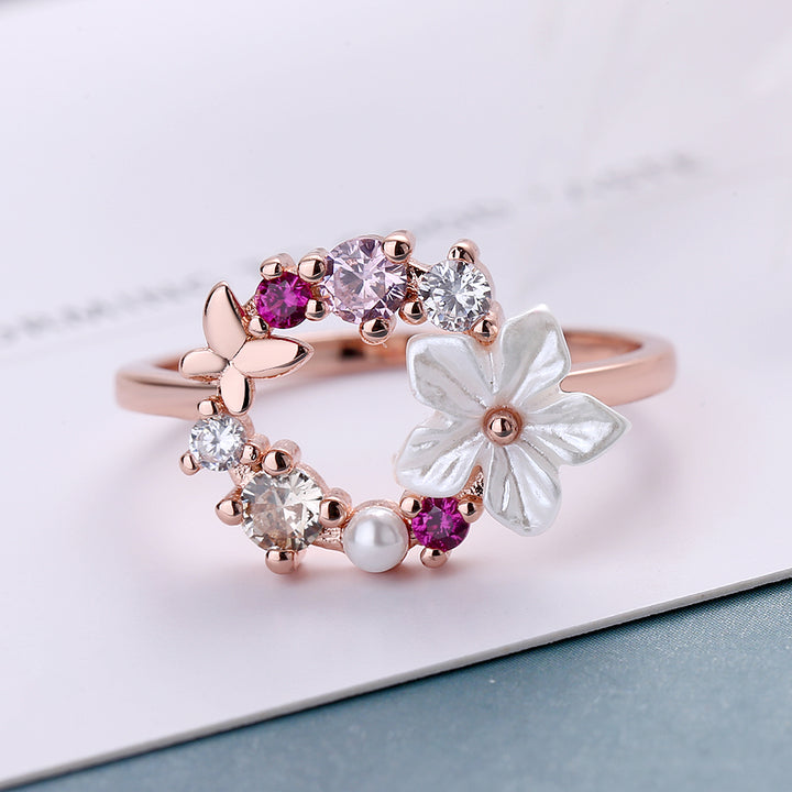 14 Rose Gold and Sterling Silver Open Floral Ring with Crystals