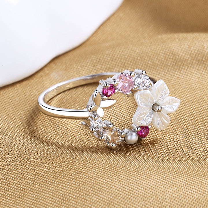 14 Rose Gold and Sterling Silver Open Floral Ring with Crystals