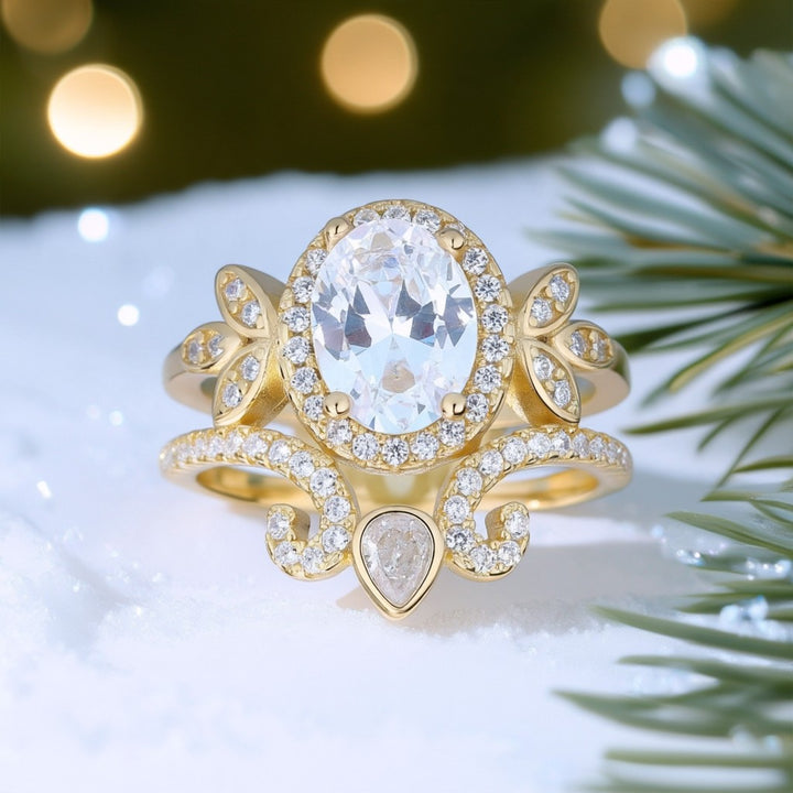 14K Gold and Sterling Silver Quaint Engagement Ring with crystals