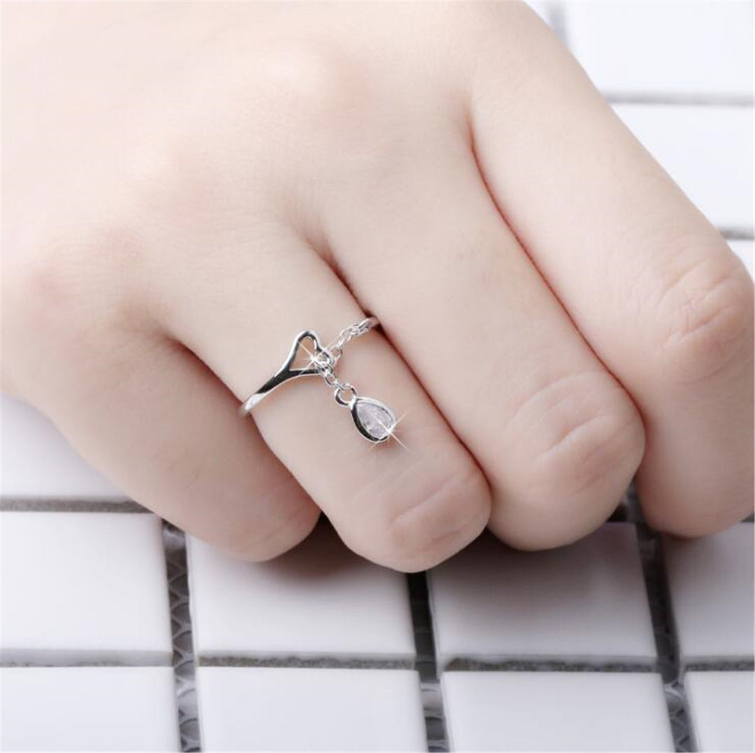 Sterling Silver Open Heart Adjustable Ring with crystals