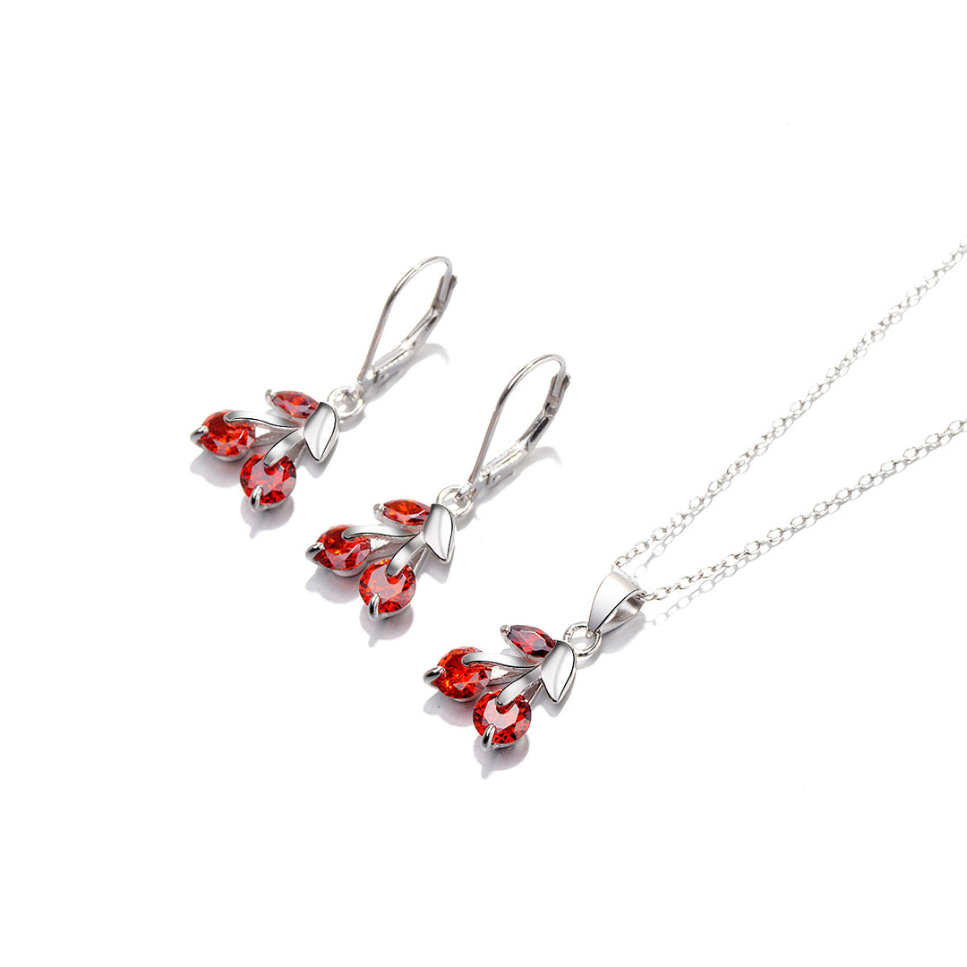 Sterling Silver & White Sapphire Cherry Earring and Necklace Set