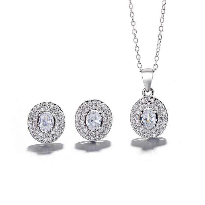 Sterling Silver Double Halo Earring and Pendant Necklace Set