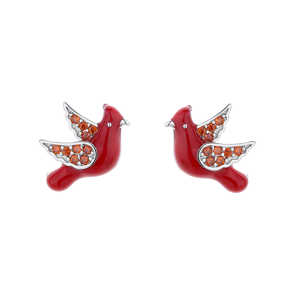 18K White Gold Plated Ruby Robin Earrings