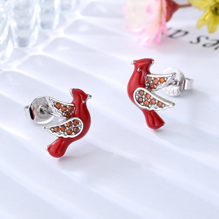 18K White Gold Plated Ruby Robin Earrings