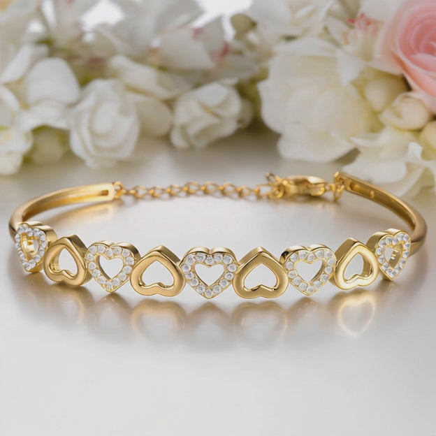 14K Gold Hearts Bangle Adjustable Bracelet with Simulated Diamonds